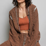 Vintage Washing Solid Laser Cut Thermal Knit Hoodies Top