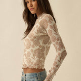 Floral-Print Mesh Mock-Neck Raglan Top