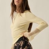 Solid Ribbed Knit Long-Sleeve Lace-Cuff Fitted Top