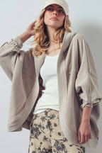 Washed Waffle Knit Hooded Cardigan