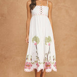 Embroidered Palm & Floral Scalloped Midi Dress