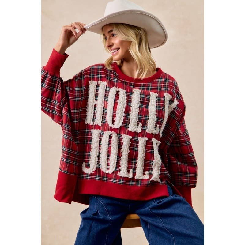 "Holly Jolly" Plaid Oversized Sweatshirt