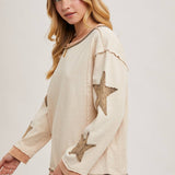 Star Sleeved Washed Knit Pullover