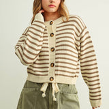 J6774   STRIPED PATTERN BUTTON FRONT KNITTED CARDIGAN