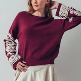 Embroidered Sleeve Ivory Knit Sweater