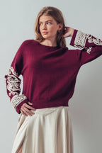 Embroidered Sleeve Ivory Knit Sweater