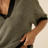 Striped Rib-Knit Collared Split-Neck Top