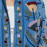 Embroidered Stand Collar & Contrast Trim Velvet Jacket