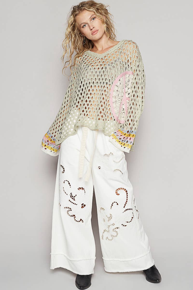 V-Neck Crochet Peace Sweater