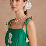 Floral Embroidered Sleeveless Tassel Tie Strap Midi Dress