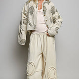 Cropped Quilted Band Collar Contrast Piping Linen Jacket