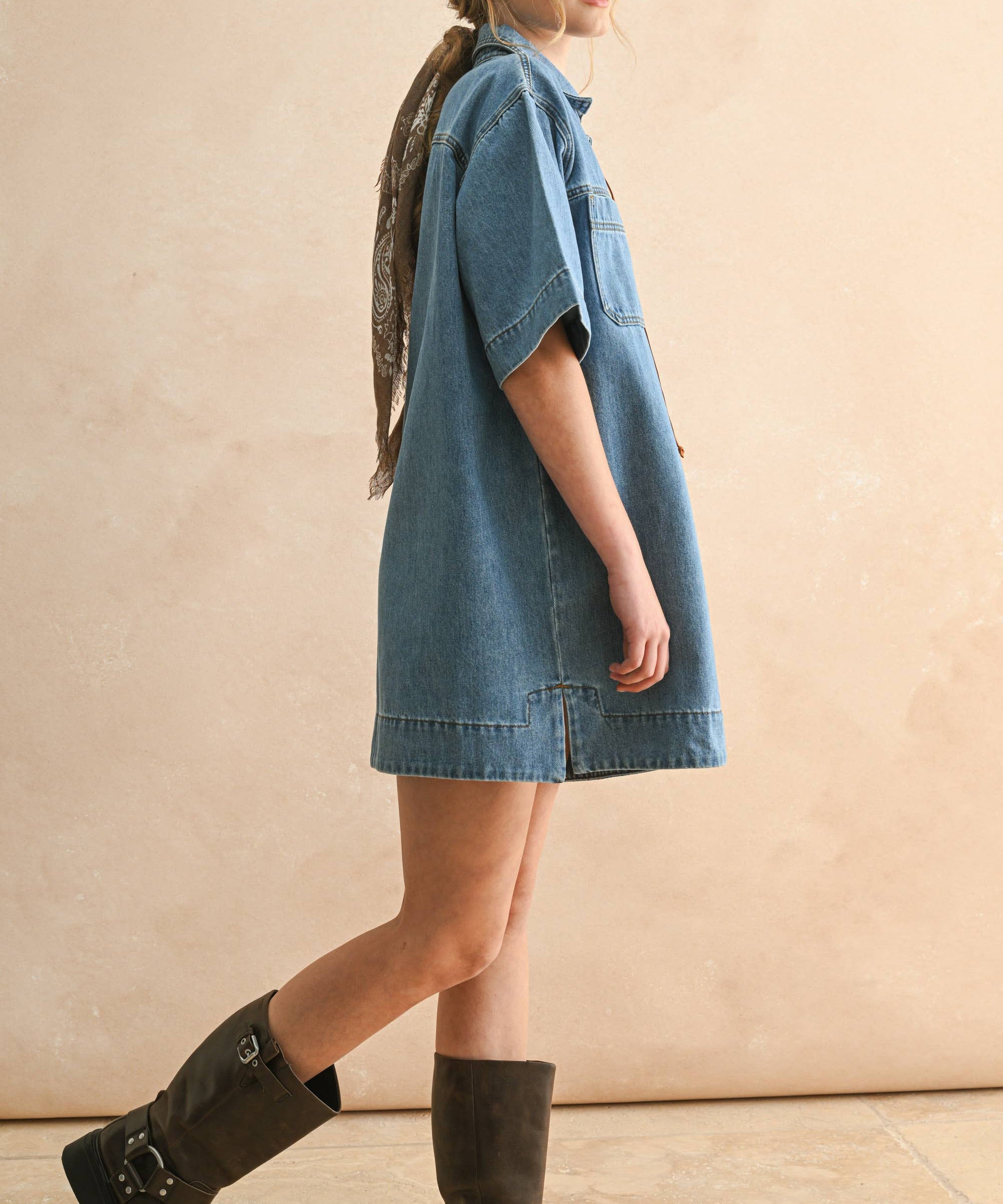 Suede Lace Up Denim Shirt Dress
