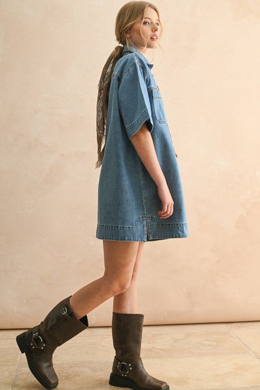 Suede Lace Up Denim Shirt Dress