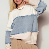 Colorblock Denim Patchwork Knit Sweater