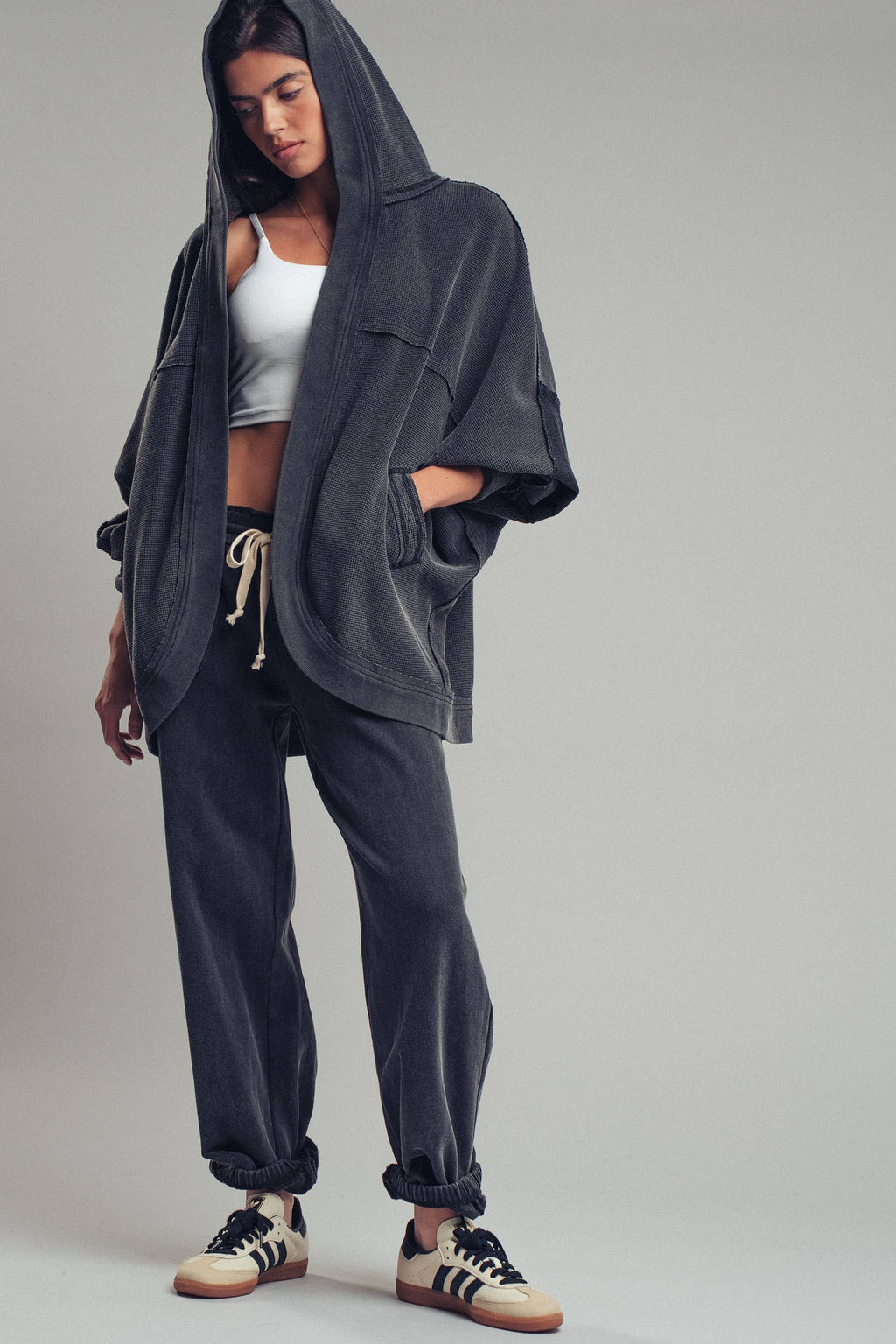 Washed Waffle Knit Hooded Cardigan