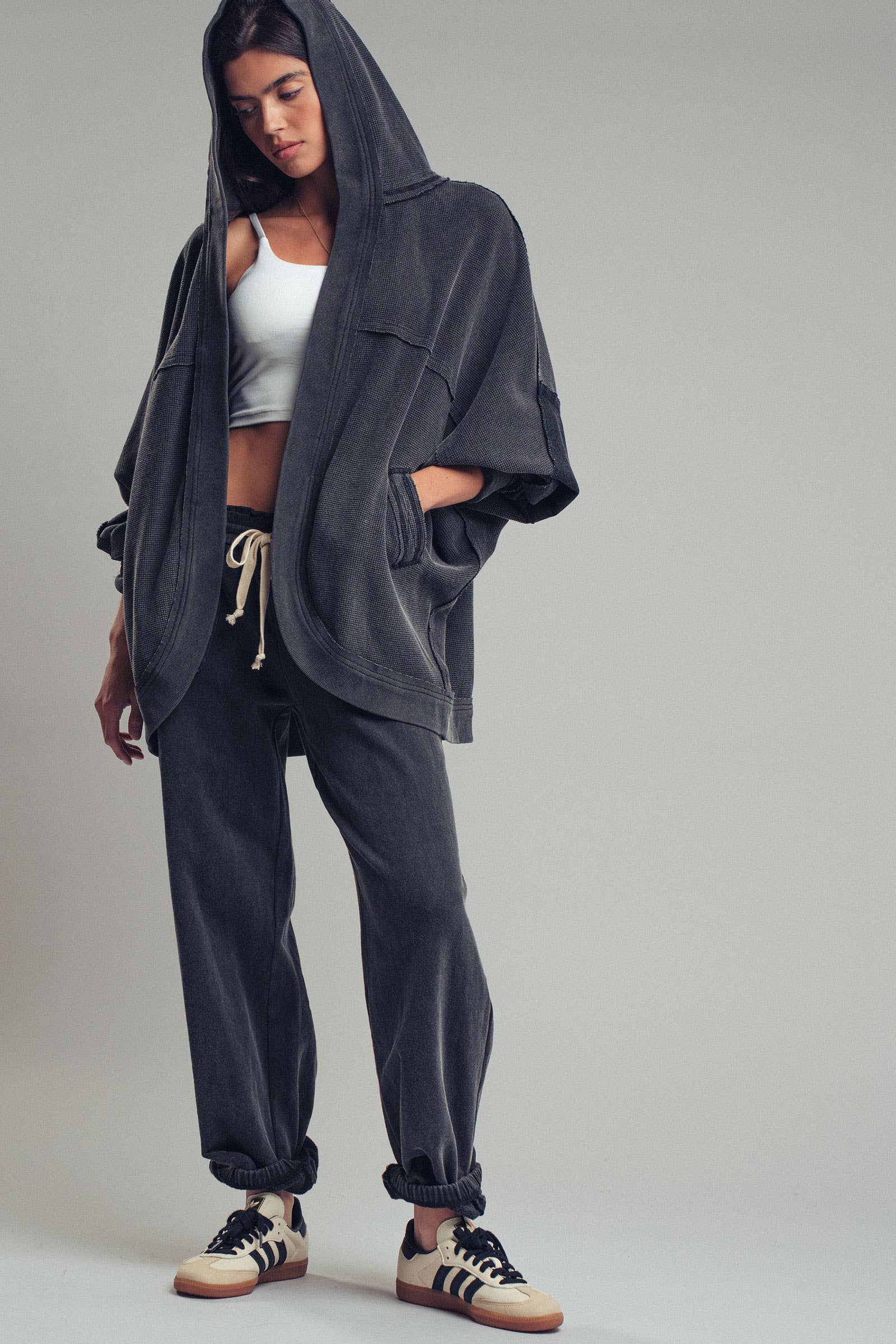 Washed Waffle Knit Hooded Cardigan