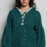 Floral Handmade Buttons Velvet Chenille Sweater Hoodie Top