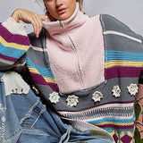 High Collar Half Zipper Ethnic Color Block Pullover Sweater