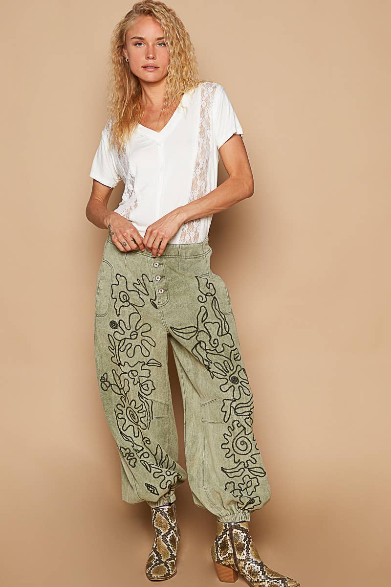 Floral Embroidered Twill Pants