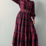 Plaid Belted Layered Button Down Balloon Sleeve Maxi Dress
