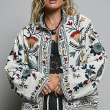 Embroidered Band Collar Knotted Button Woven Jacket