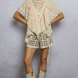Lace Trim V Ruffle Detail Textured Woven Short Sleeve Top