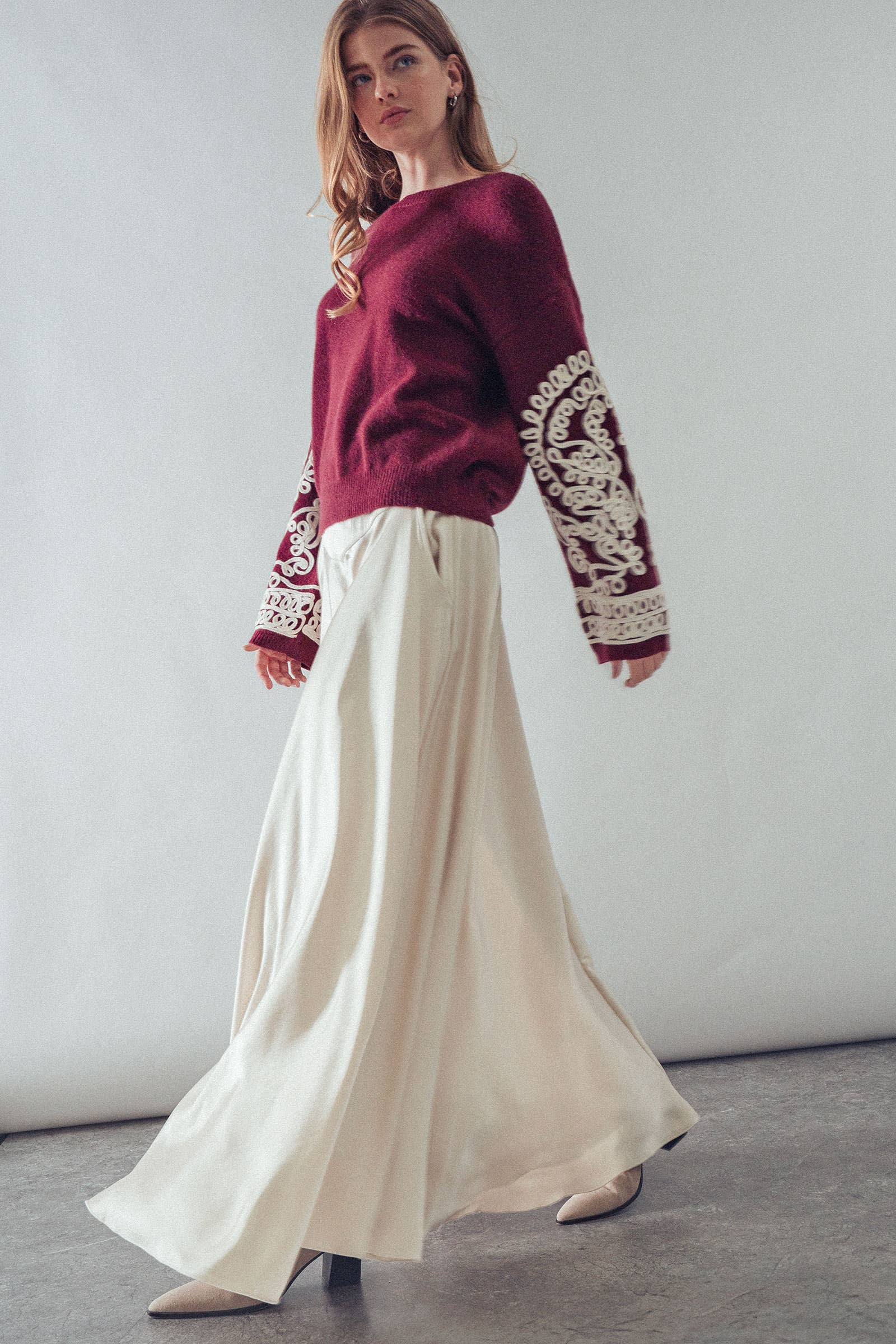 Embroidered Sleeve Ivory Knit Sweater
