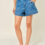 MID RISE FLARE DENIM SHORTS