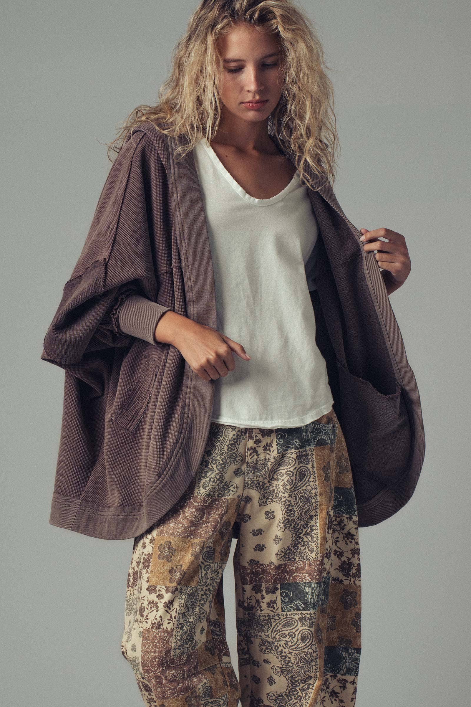 Washed Waffle Knit Hooded Cardigan