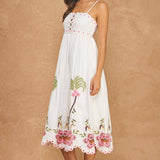 Embroidered Palm & Floral Scalloped Midi Dress