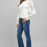 CONTRAST FLORAL LACE PUFF SLV CREW NECKLINE SWEATER FW11191