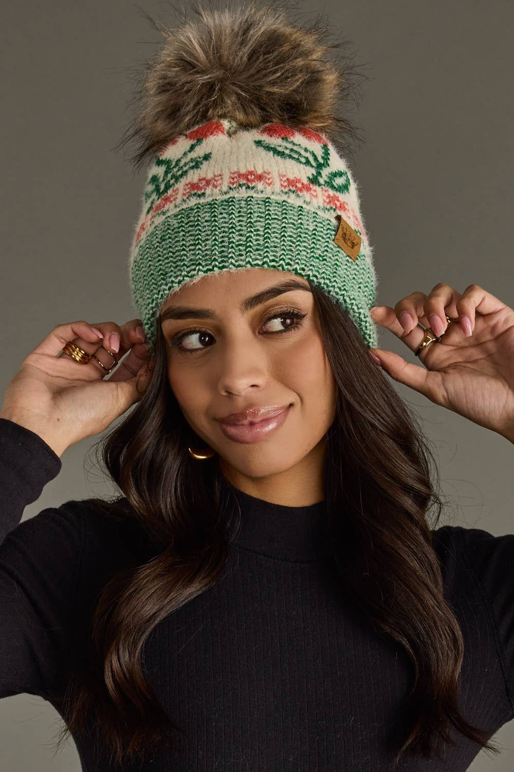 Ivory Cherry Pattern Pom Hat