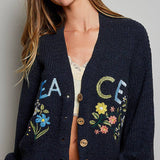 Multicolor Floral Embroidery PEACE Letter Knit Cardigan