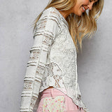 Long Sleeve Round Neck Lace Texture Knit Slim Fit Top