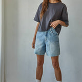 L8688 | Knit Cotton Crew Neck Drop Shoulder Short Sleeve Top