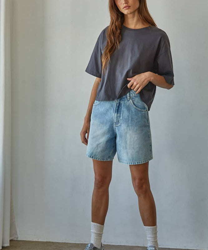 L8688 | Knit Cotton Crew Neck Drop Shoulder Short Sleeve Top