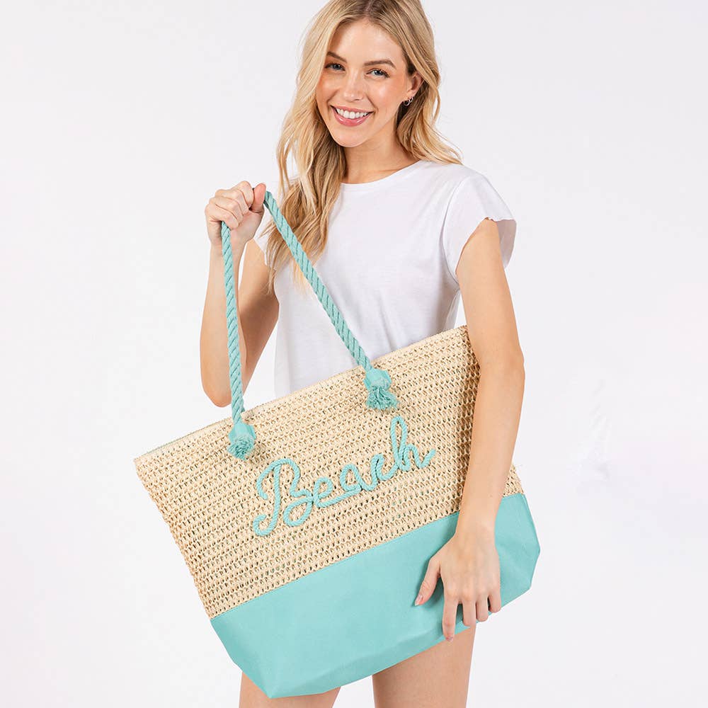 "Beach" Embroidered Crochet Tote Bag