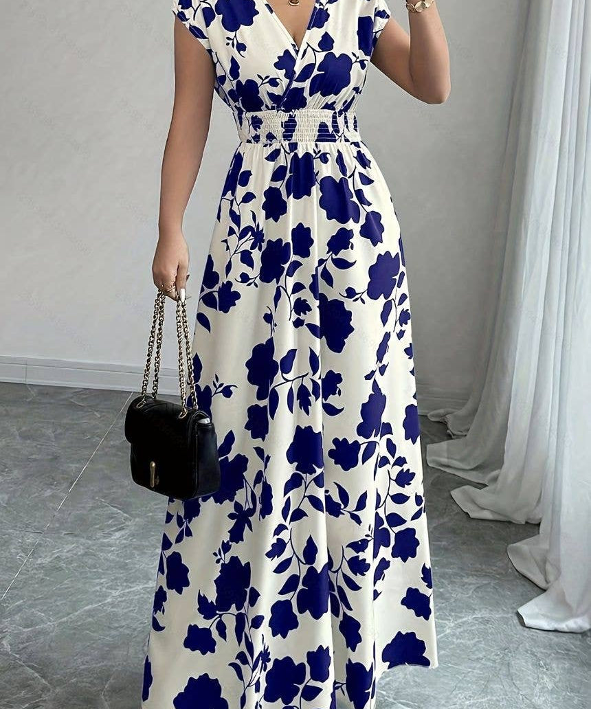 Smocked Waist Cap Sleeve Floral Print Maxi Dress