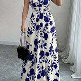 Smocked Waist Cap Sleeve Floral Print Maxi Dress