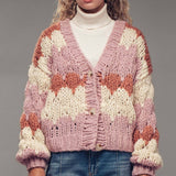 Chevron Chunky Knit Cardigan – Balloon Sleeves, Cropped Fit
