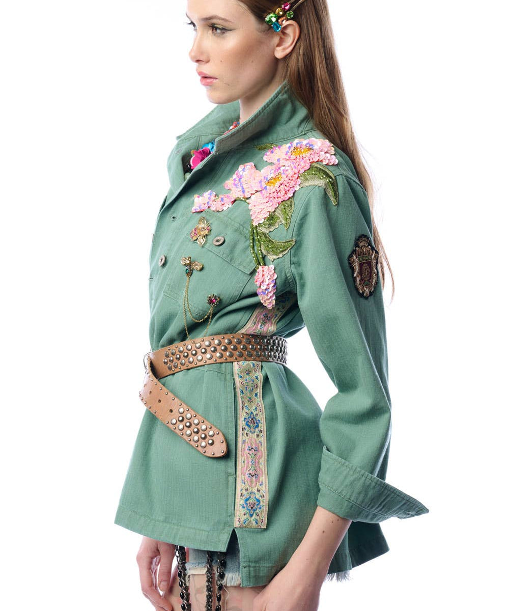 Michelle Jacket | Teal Green Embellished Floral Button Up
