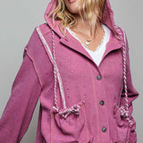 Vintage Washing Solid Laser Cut Thermal Knit Hoodies Top