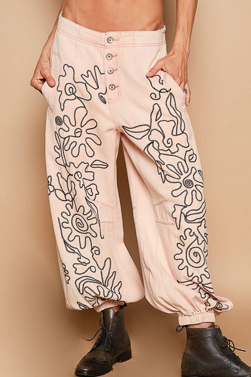 Floral Embroidered Twill Pants