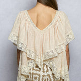Lace Trim V Ruffle Detail Textured Woven Short Sleeve Top