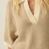 Striped Rib-Knit Collared Split-Neck Top