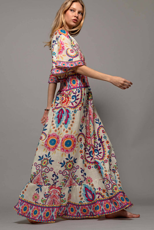 Oversized Paisley Flutter Sleeve Smocked Dress