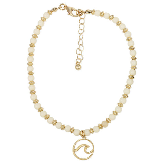 Wave Charm White & Gold Bead Anklet