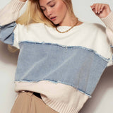 Colorblock Denim Patchwork Knit Sweater
