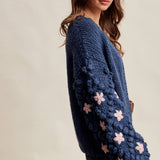 Hand Knit Floral Bobble Sleeve Cardigan LSW1097