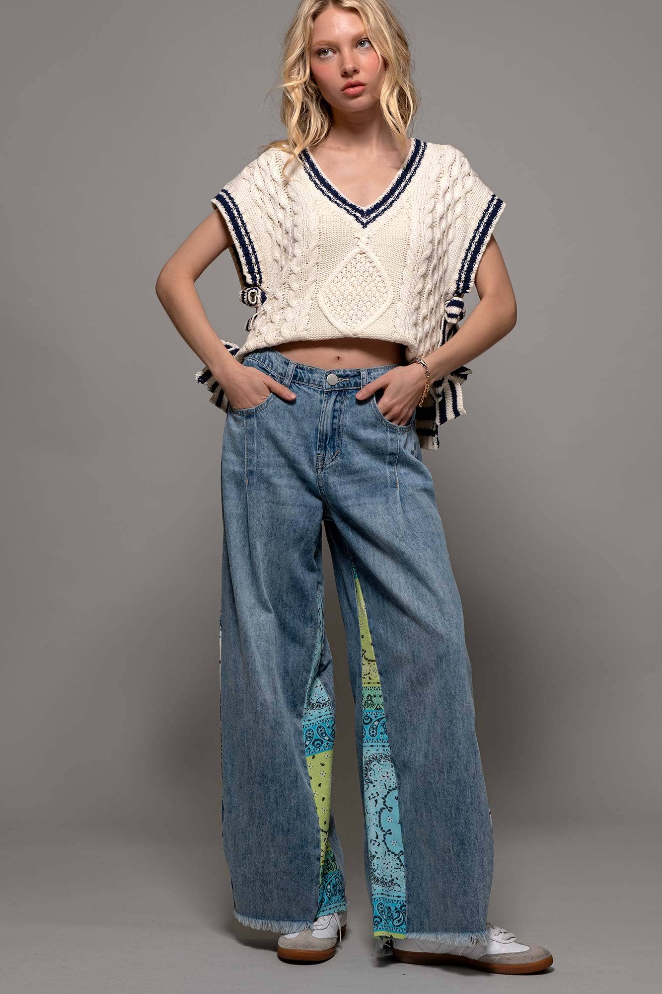 Paisley Bandana Print Wide-Leg Denim Jeans